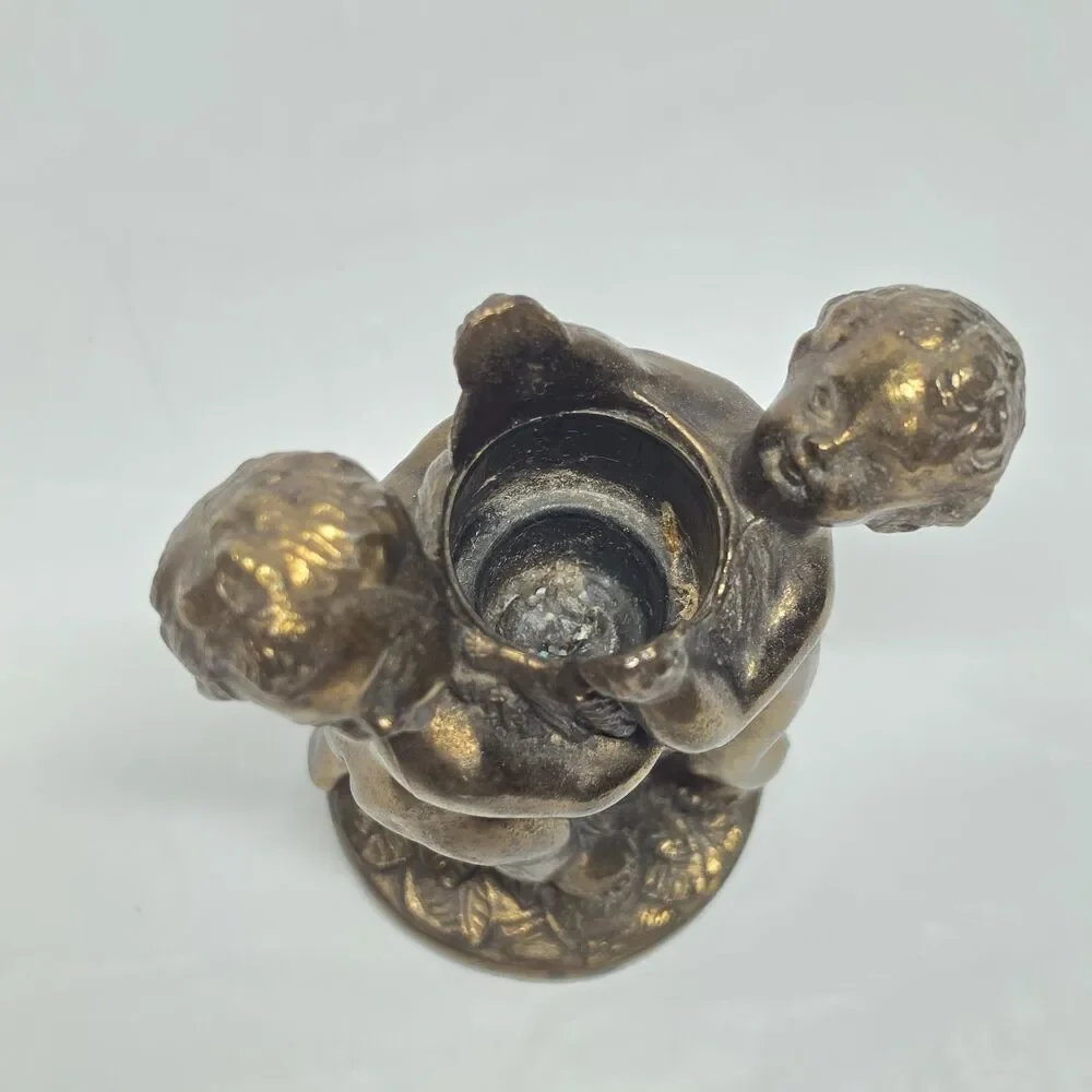 Vintage Metal Bronze Brass Cherub Cupid Gold Tone Candle Stick Holder Romantic